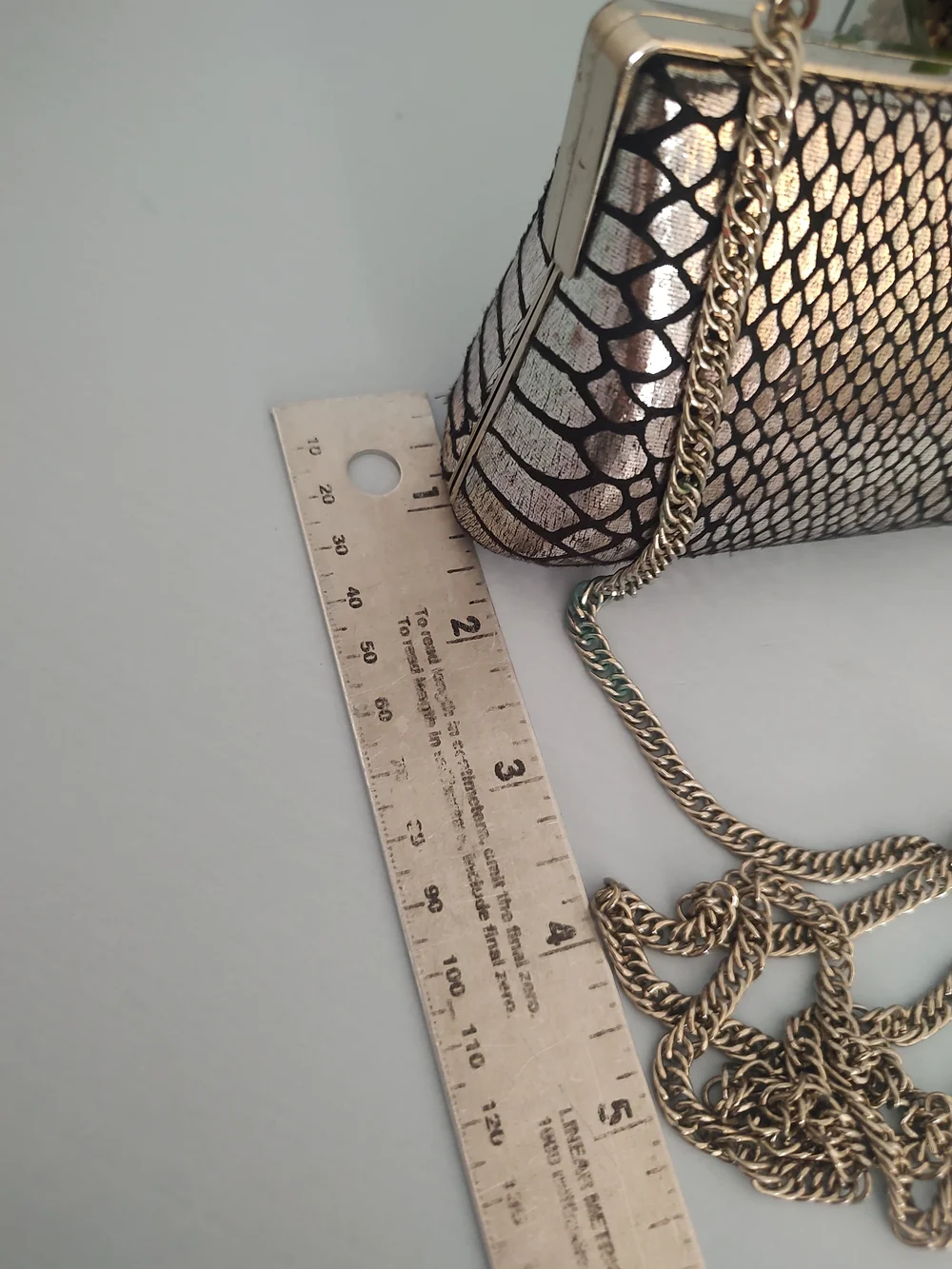 Metallic Snake-Print Evening Clutch with Chain Strap